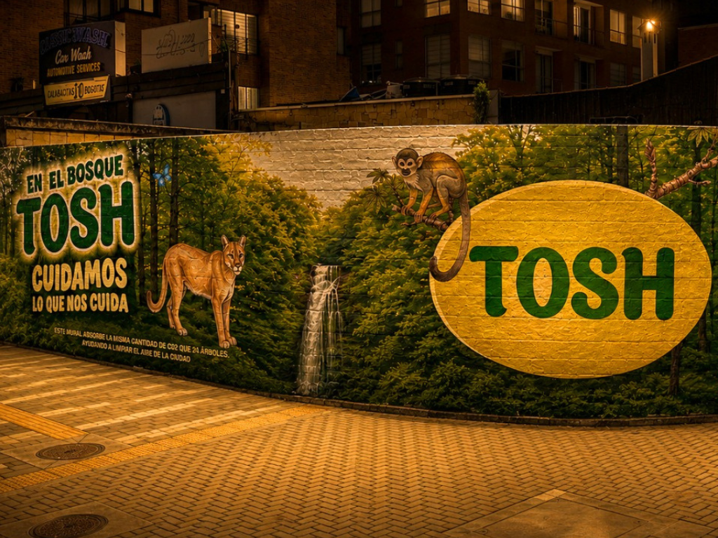 Foto: TOSH. TOSH de Nutresa instaló eco murales fotocatalíticos en Bogotá y Medellín, impulsando la compensación de carbono en Colombia.