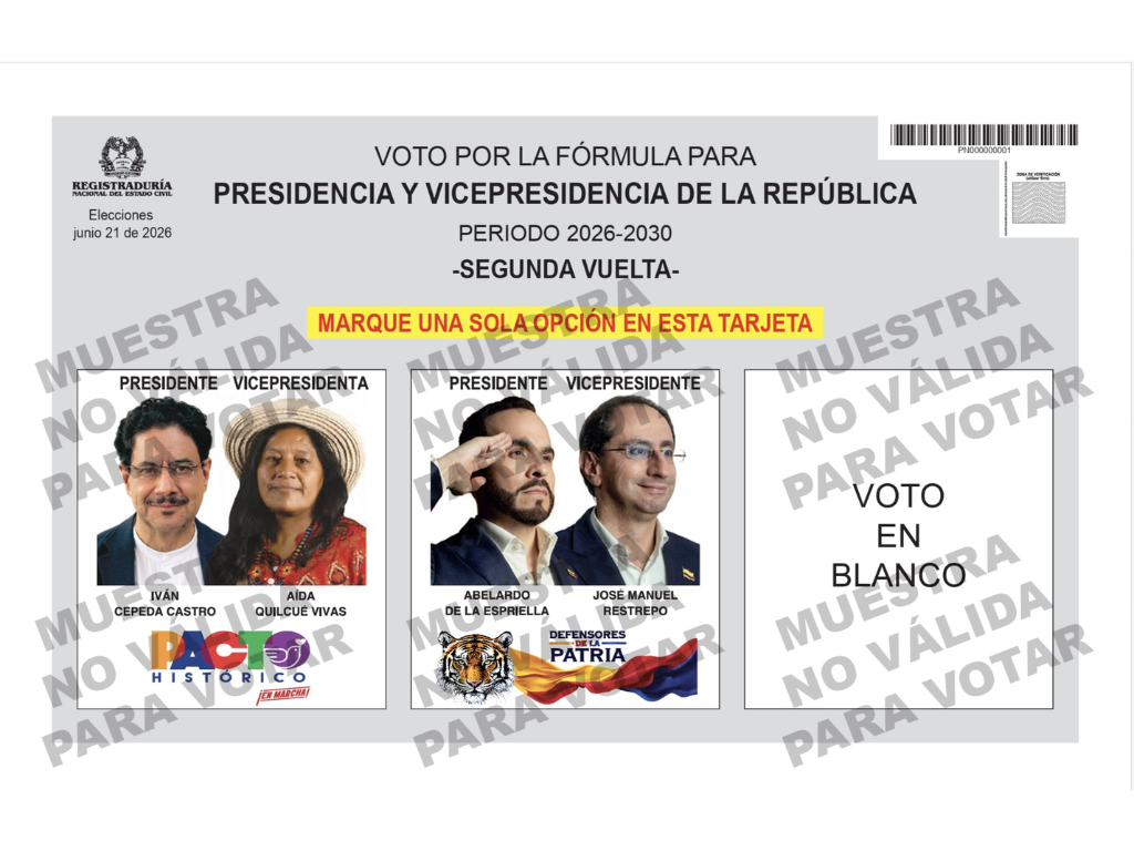 Foto: Registraduría. La Registraduría presentó el tarjetón de la segunda vuelta presidencial. Conozca las posiciones de las fórmulas para el 21 de junio.