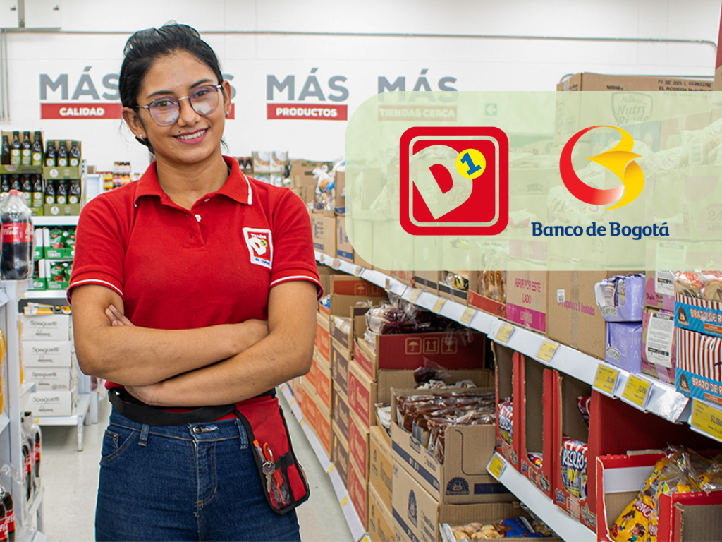 Foto: Cortesía, diseñado con Canva. D1 habilita servicios de corresponsalía bancaria con Banco de Bogotá y Grupo Aval en más de 2.800 tiendas de Colombia.