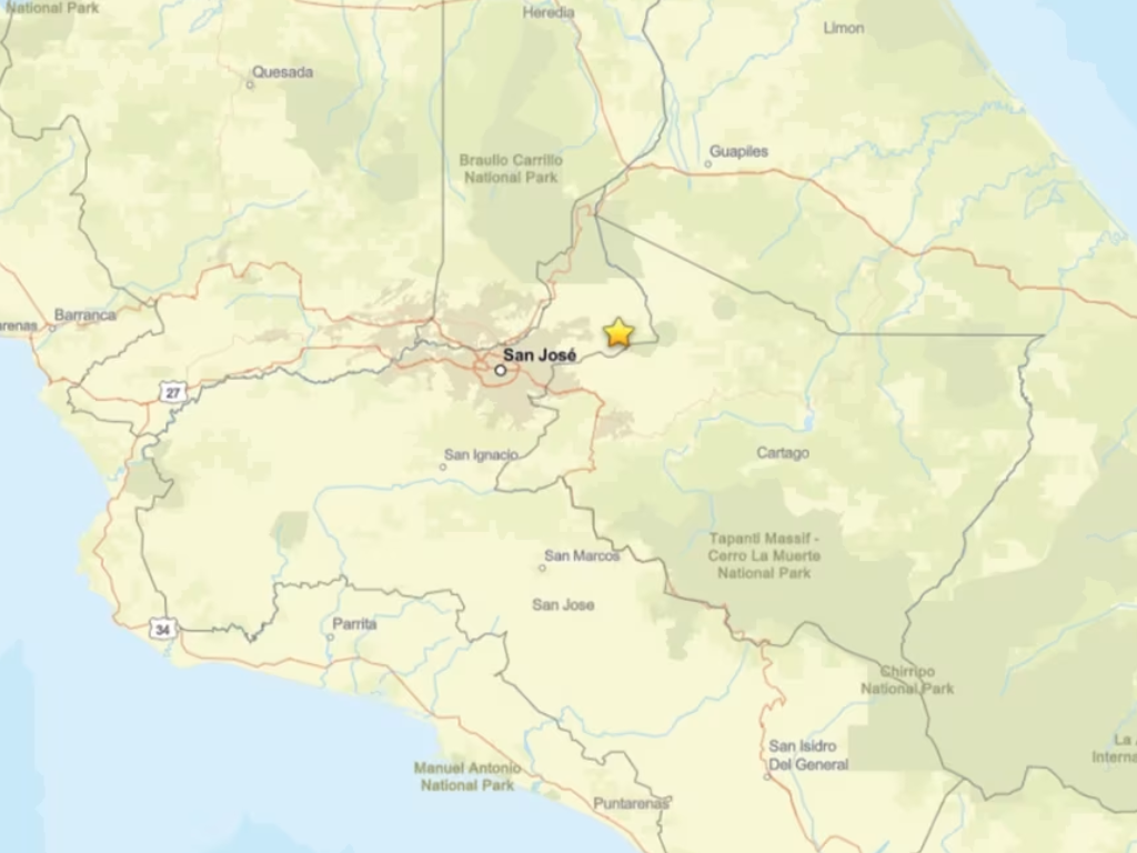Foto: Cortesía. La Red Sismológica Nacional de Costa Rica registró dos sismos seguidos de magnitud 5,4 y 4,8 con epicentro en San José durante la madrugada.