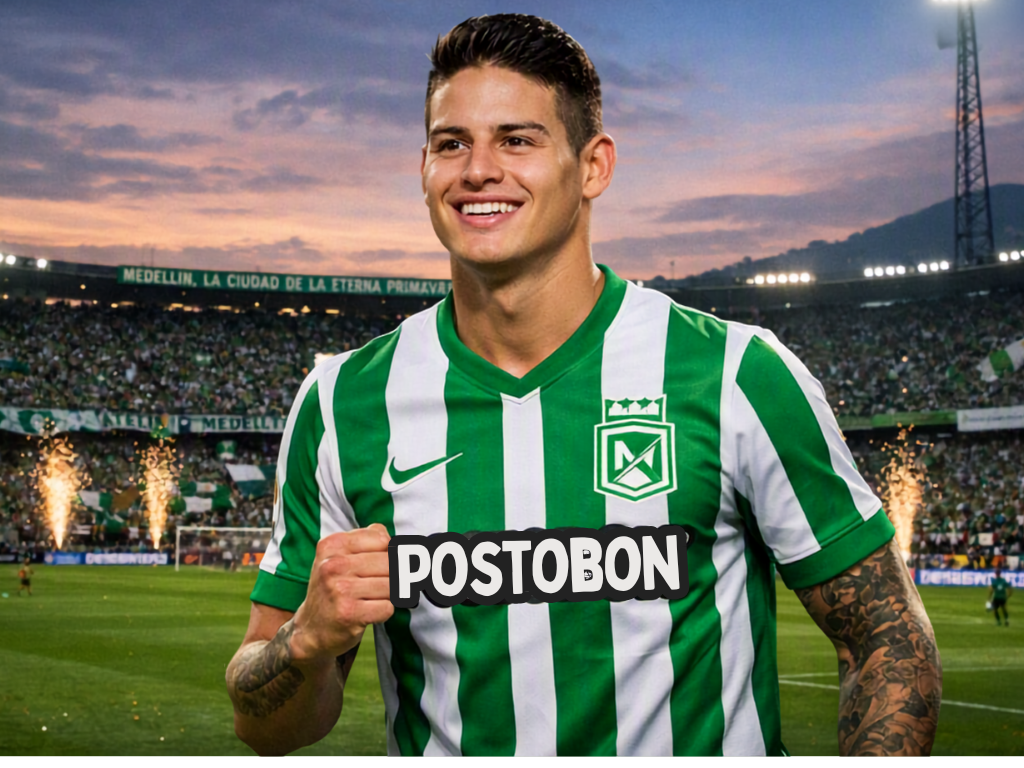 Foto: IA. James Rodríguez estaría cerca de fichar por Atlético Nacional tras avanzar un acuerdo verbal. El club paisa activó una campaña en redes sociales.